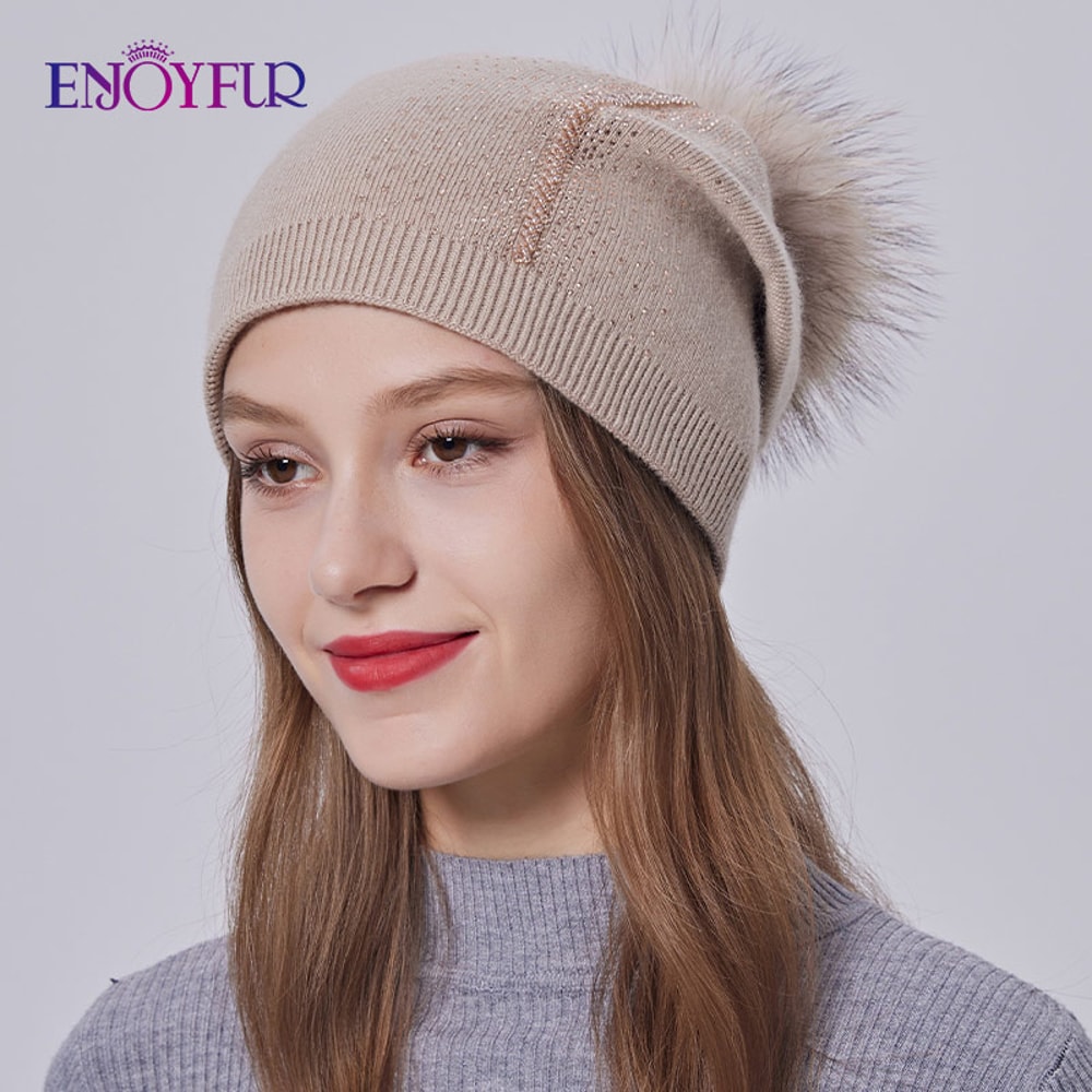 Real Fur Pom Pom Beanies for Women Wool Knitted Thick Warm Winter Lined Fashion Ski Caps Lady Hat