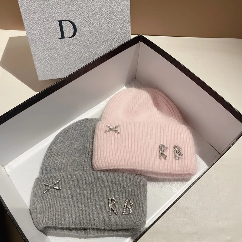 Winter Warm Real Rabbit Fur Beanies Hats with Diamond Letter for Women Skiing Cap Casual Bonnet