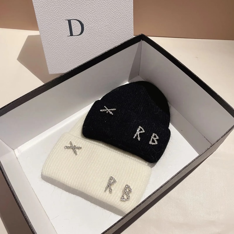 Winter Warm Real Rabbit Fur Beanies Hats with Diamond Letter for Women Skiing Cap Casual Bonnet