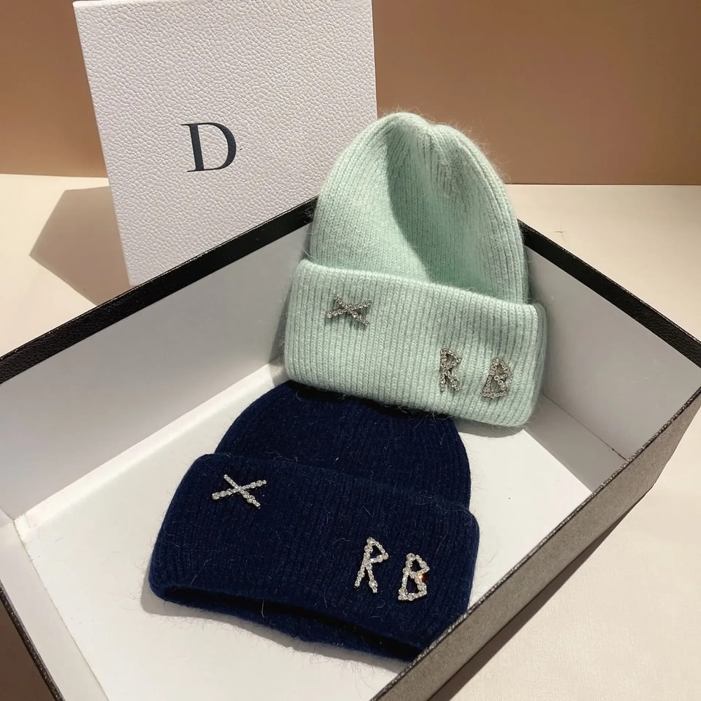 Winter Warm Real Rabbit Fur Beanies Hats with Diamond Letter for Women Skiing Cap Casual Bonnet
