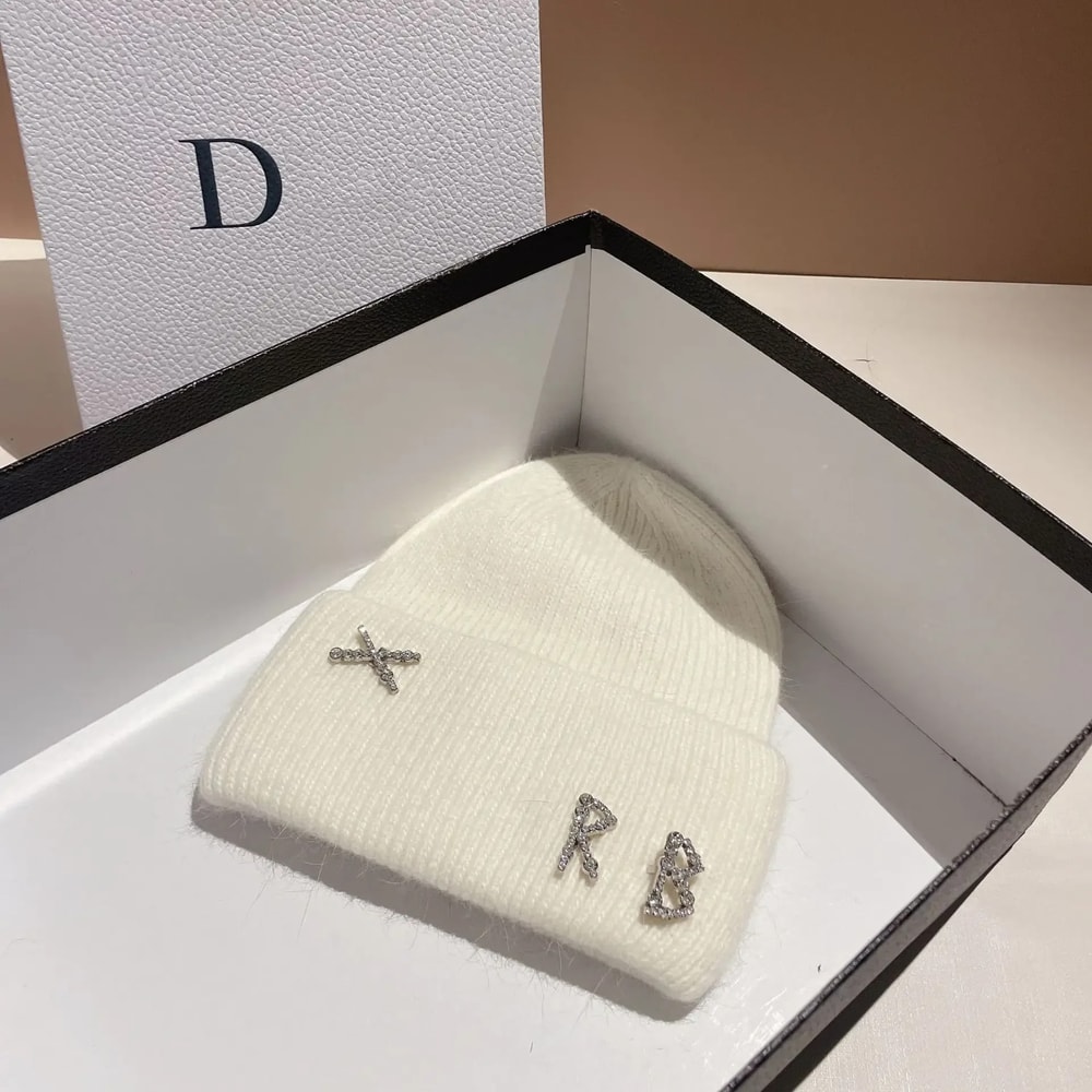 Winter Warm Real Rabbit Fur Beanies Hats with Diamond Letter for Women Skiing Cap Casual Bonnet