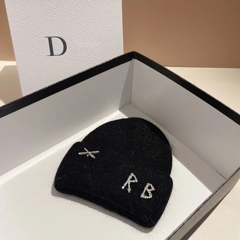 Winter Warm Real Rabbit Fur Beanies Hats with Diamond Letter for Women Skiing Cap Casual Bonnet