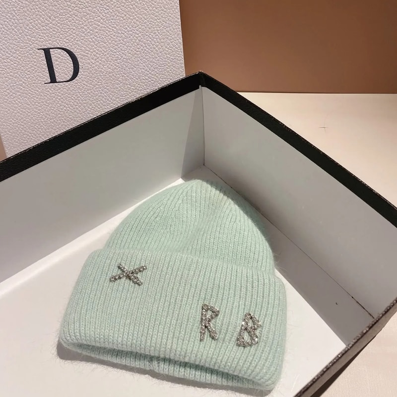 Winter Warm Real Rabbit Fur Beanies Hats with Diamond Letter for Women Skiing Cap Casual Bonnet