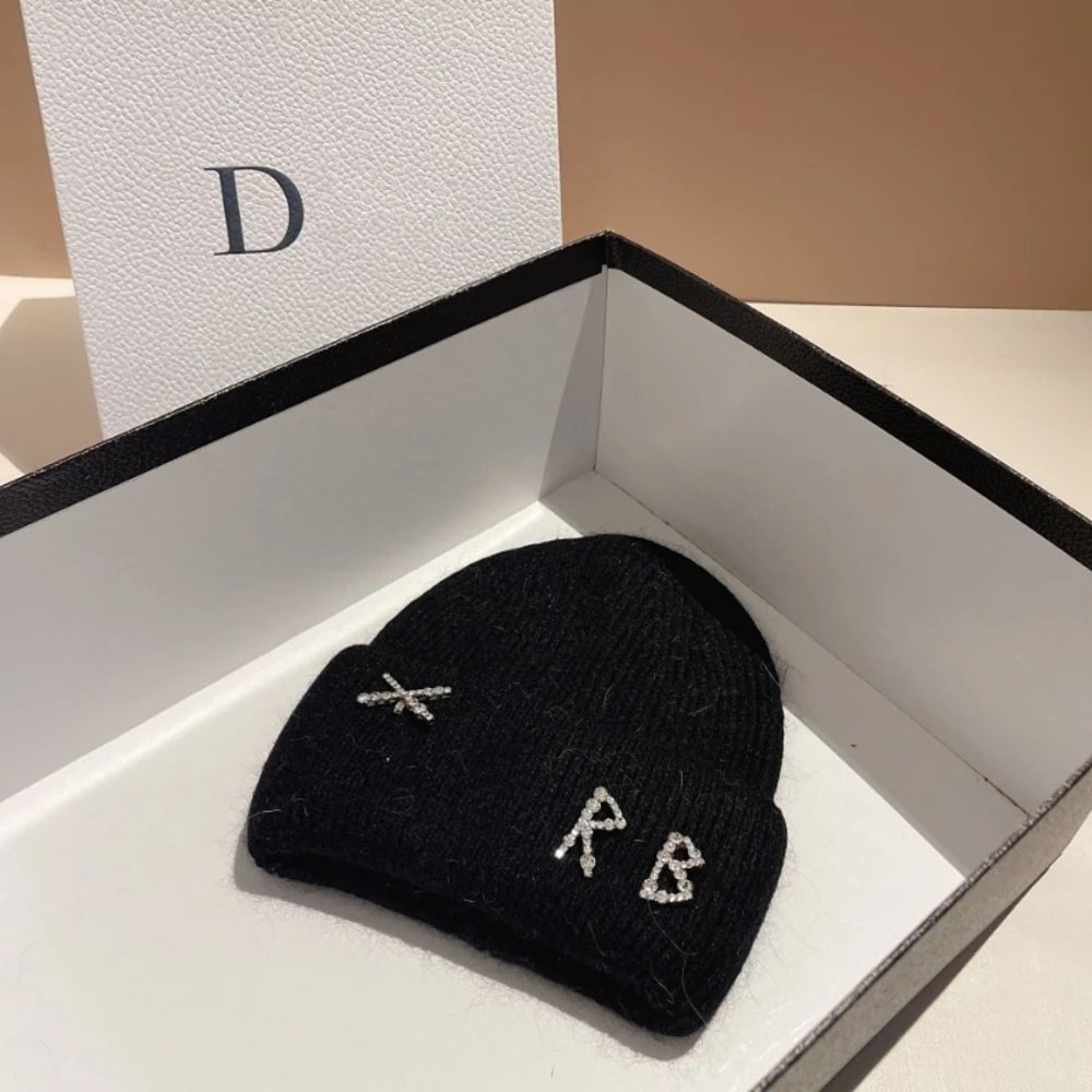 Winter Warm Real Rabbit Fur Beanies Hats with Diamond Letter for Women Skiing Cap Casual Bonnet