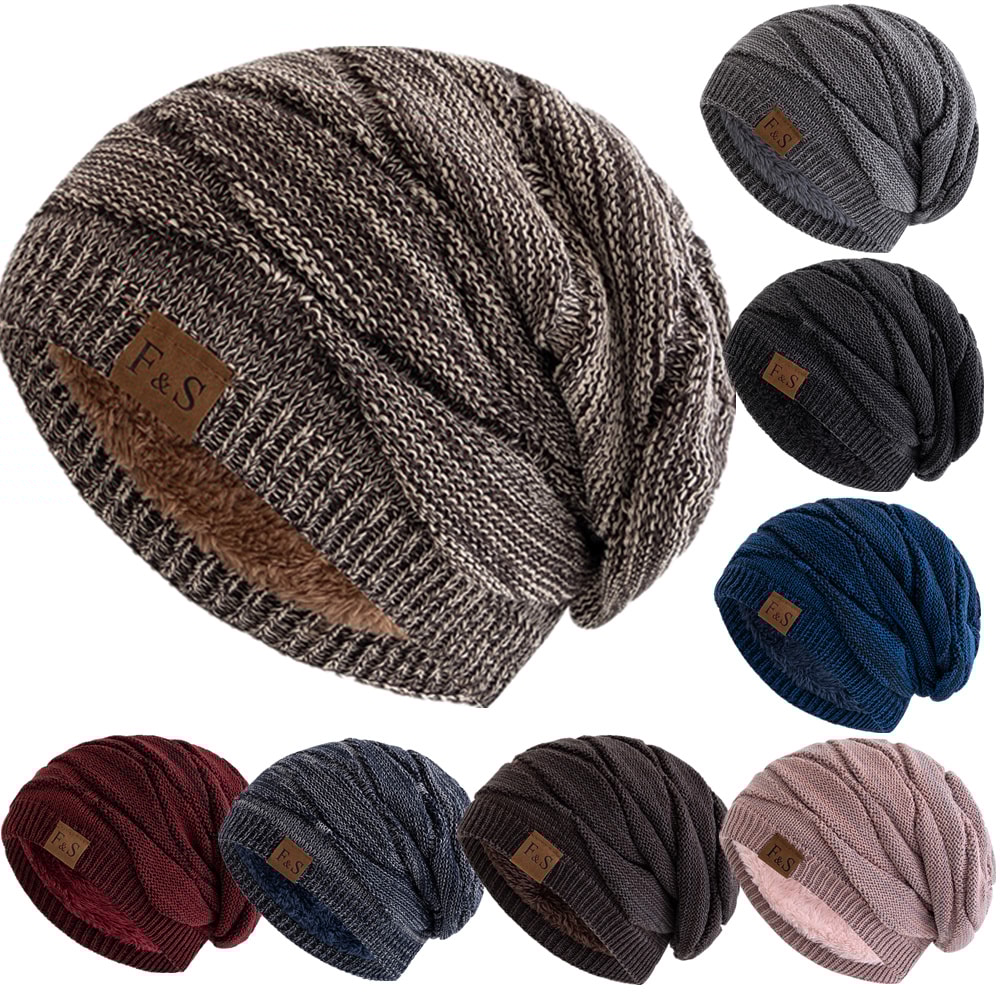 Warm Fleece Lined Beanie Cap Casual Unisex Slouchy Winter Hat Knitted Hat With Label Decor 0