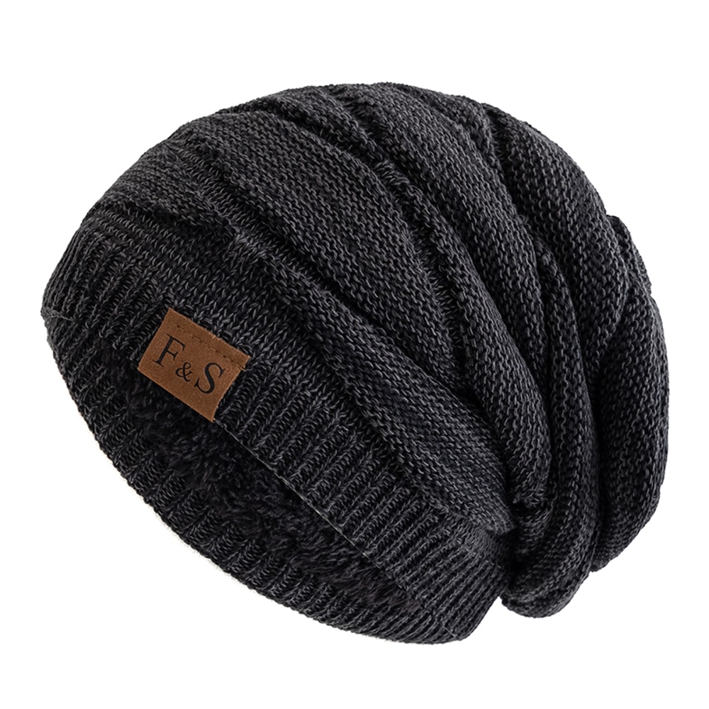 Warm Fleece Lined Beanie Cap Casual Unisex Slouchy Winter Hat Knitted Hat With Label Decor 11