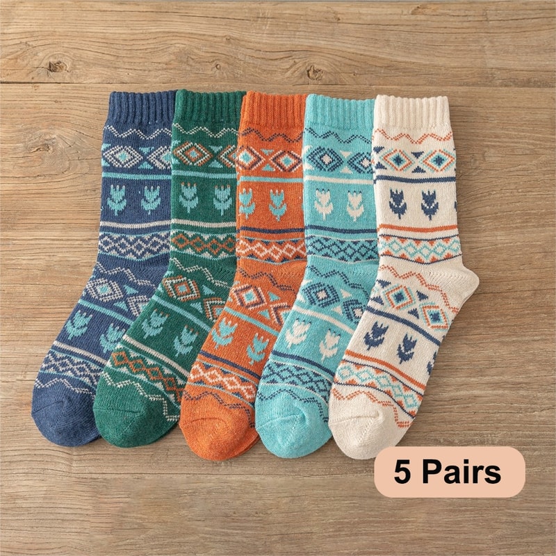 Man Women Socks Retro Style Flower Pattern Thick Warm Winter Socks 4