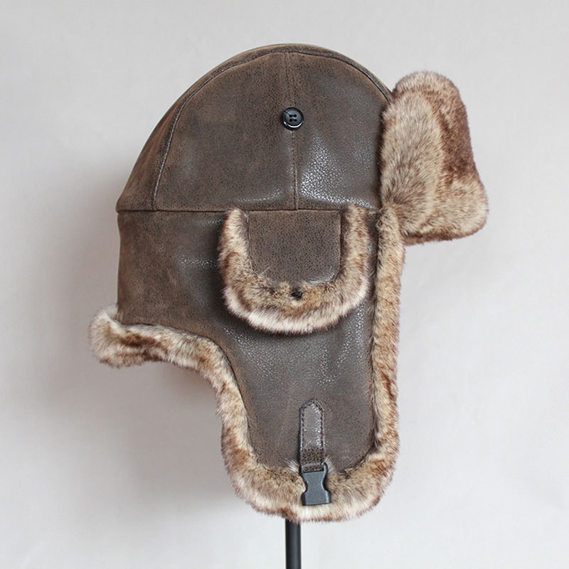 Winter Bomber Hats Men Warm Russian Ushanka Hat PU Leather Fur Trapper Cap Ear Flap For Women 2