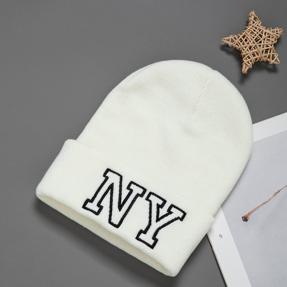 Fashionable Unisex Embroidered Knitted Hat with Letters NY Warm Woolen Winter Hat All-Matching Style