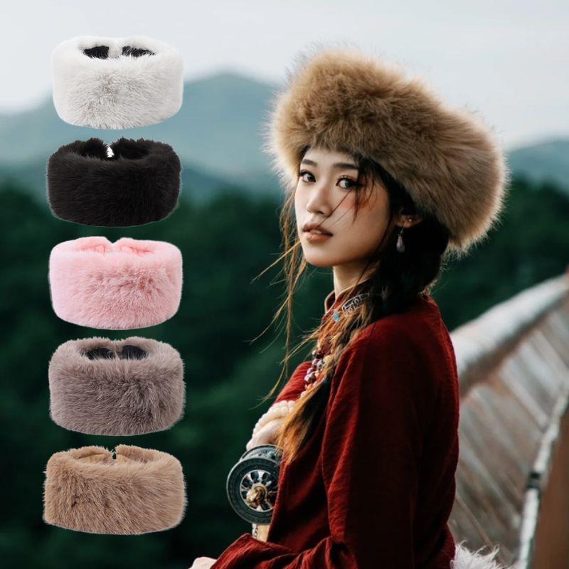 Plush Thickened Winter Headband Solid Color Ear Warmer for Ski Cap Outdoor Windproof Head Cover