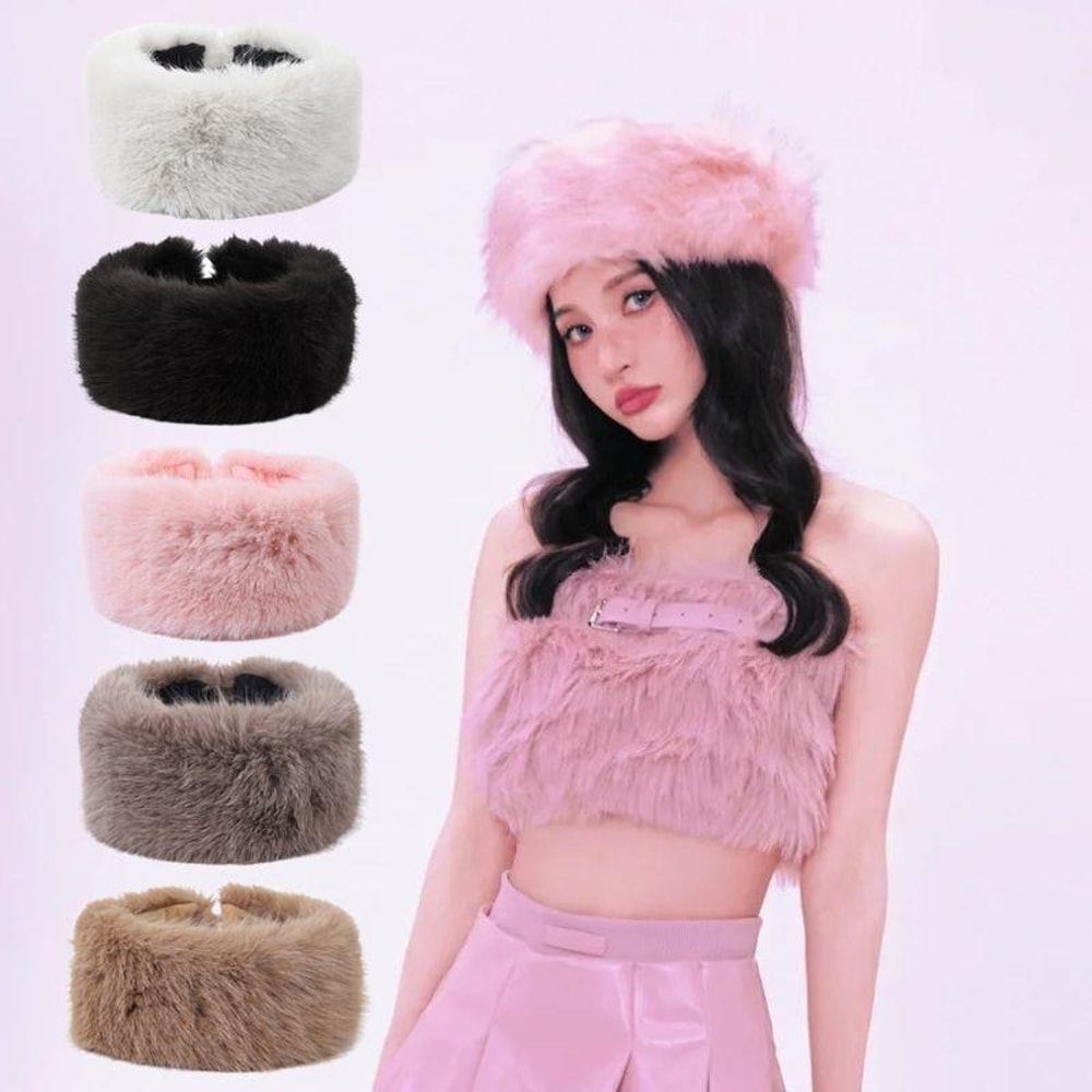 Plush Thickened Winter Headband Solid Color Ear Warmer for Ski Cap Outdoor Windproof Head Cover