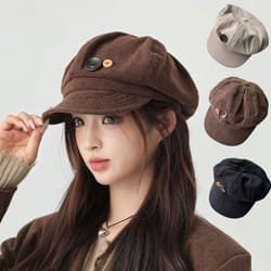 button vintage corduroy beret hat for women brown octagonal caps autumn winter painter artist hats peaked cap