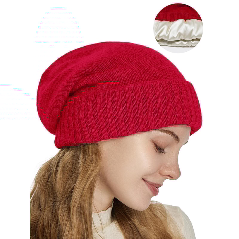 Womens Pure Wool Winter Hat Satin Lined Knitted Beanies Soft Warm Ski Cap Elastic Slouchy Sleep Cov 9