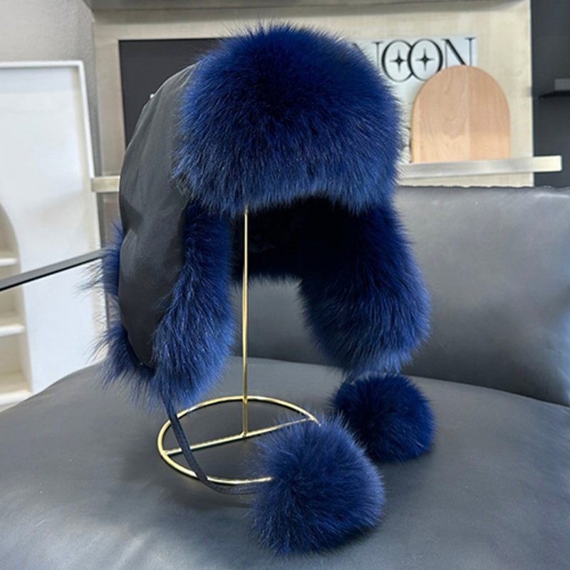 Womens Real Fox Fur Hats Aviator Trapper Snow Skiing Winter Raccoon Fur Bomber Earflap Hat Cap 12