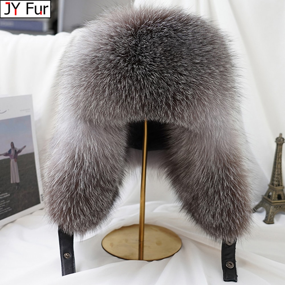 Mens Real Silver Fox Fur Bomber Hat Raccoon Fur Cap Russian Trapper Ski Hats Leather Winter Hat For 0