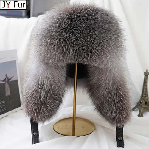 Men Real Silver Fox Fur Bomber Hat, Raccoon Fur Cap, Russian Trapper Ski Hats, Leather Winter Hat for Men