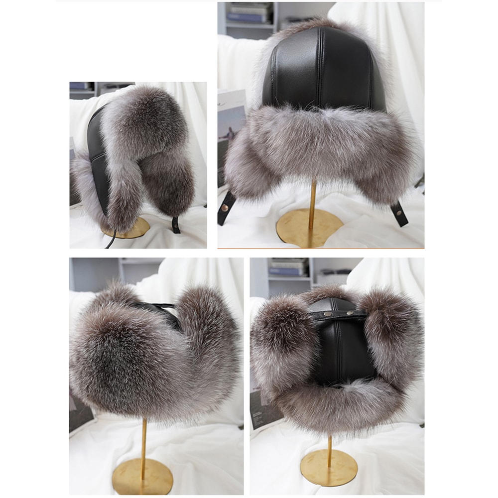 Mens Real Silver Fox Fur Bomber Hat Raccoon Fur Cap Russian Trapper Ski Hats Leather Winter Hat For 1