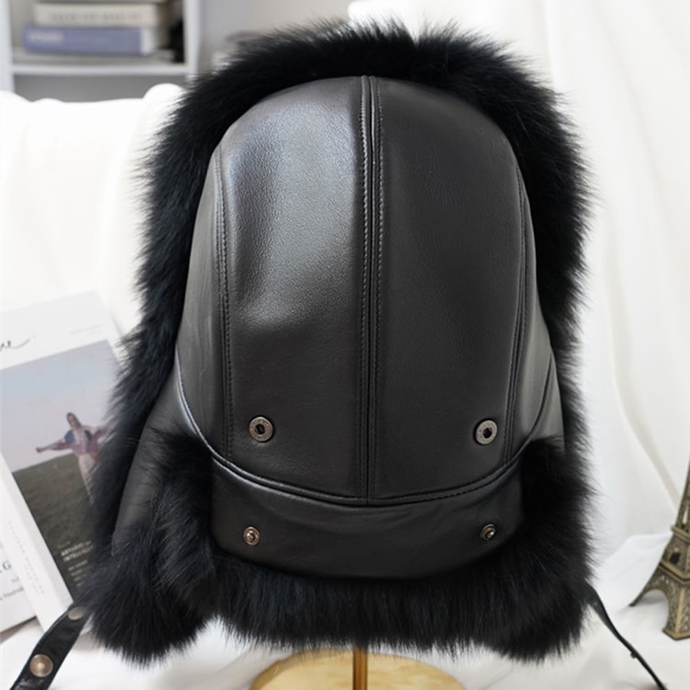 Mens Real Silver Fox Fur Bomber Hat Raccoon Fur Cap Russian Trapper Ski Hats Leather Winter Hat For 3