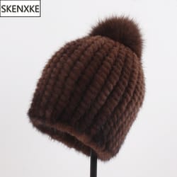 winter women genuine mink fur hat hand knitted warm cap with real mink fur and fox fur pompoms