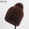 Winter Women Genuine Mink Fur Hat Hand Knitted Warm Cap With Real Mink Fur And Fox Fur Pompoms 0