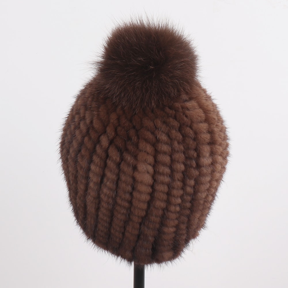 Winter Women Genuine Mink Fur Hat Hand Knitted Warm Cap With Real Mink Fur And Fox Fur Pompoms 2