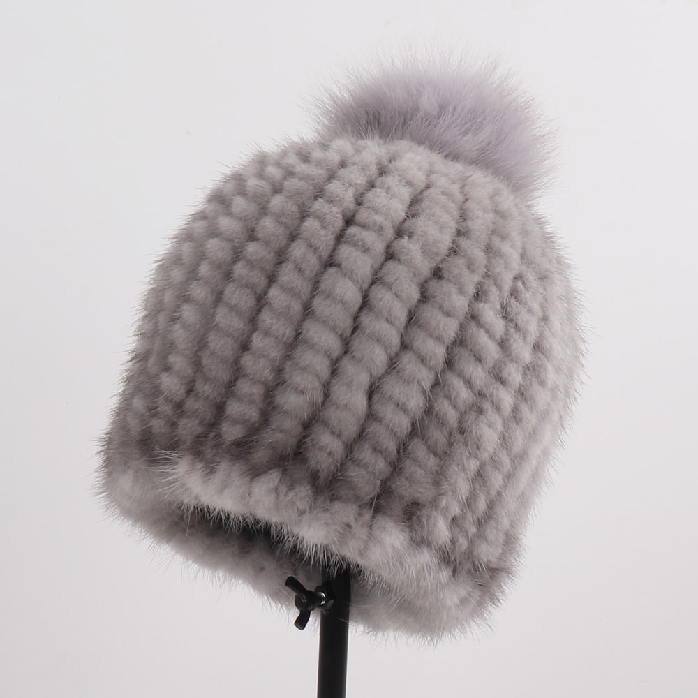 Winter Women Genuine Mink Fur Hat Hand Knitted Warm Cap With Real Mink Fur And Fox Fur Pompoms 3