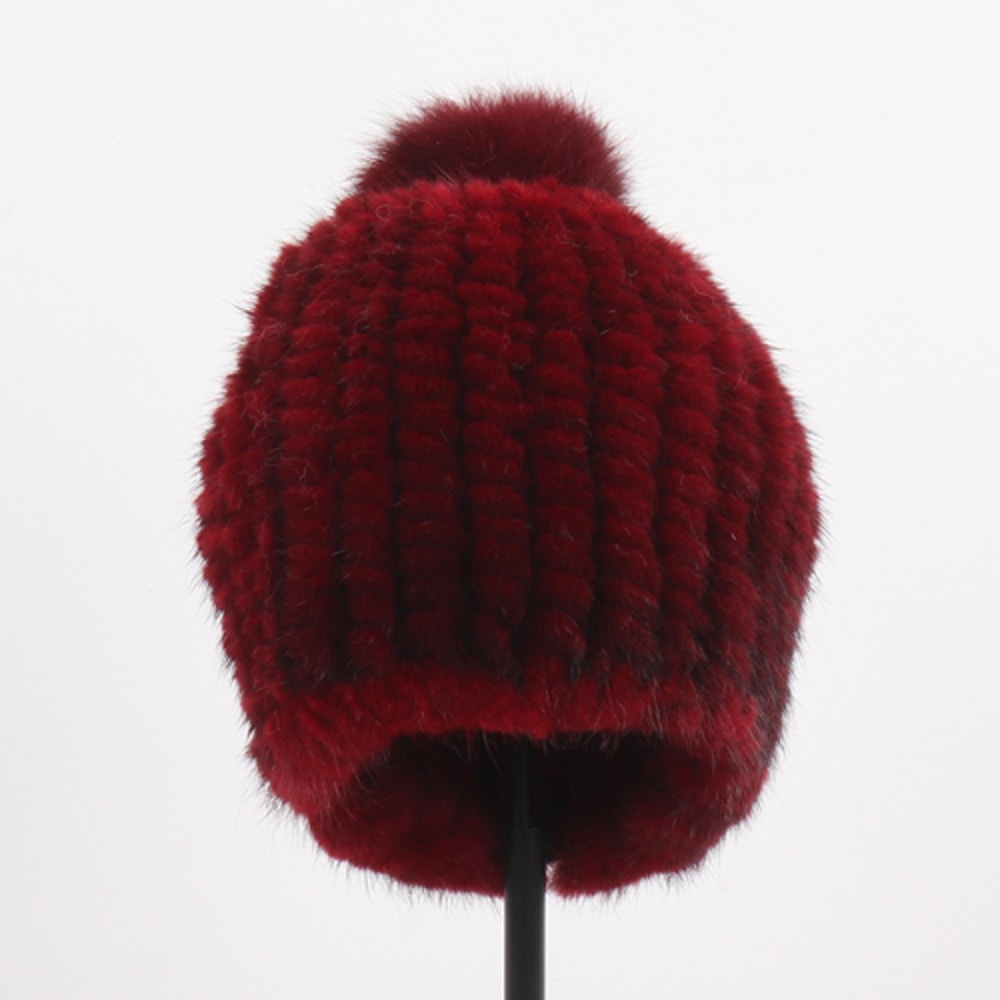 Winter Women Genuine Mink Fur Hat Hand Knitted Warm Cap With Real Mink Fur And Fox Fur Pompoms 5