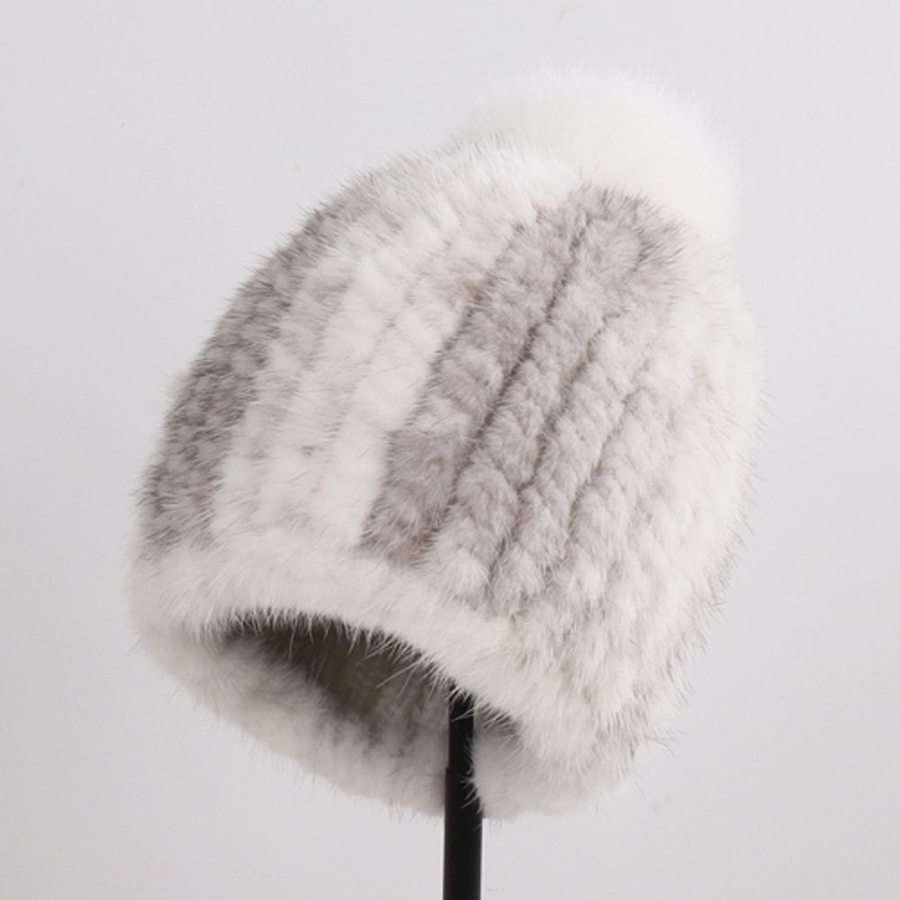 Winter Women Genuine Mink Fur Hat Hand Knitted Warm Cap With Real Mink Fur And Fox Fur Pompoms 8