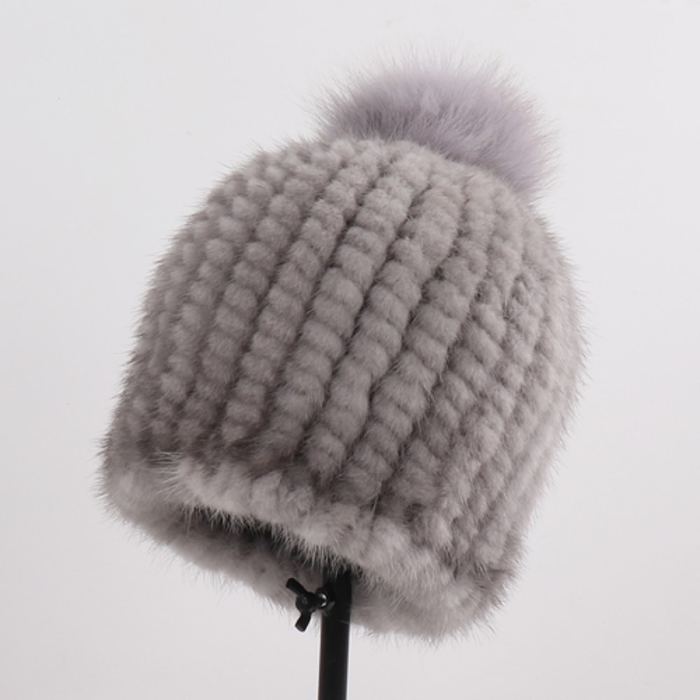 Winter Women Genuine Mink Fur Hat Hand Knitted Warm Cap With Real Mink Fur And Fox Fur Pompoms 9