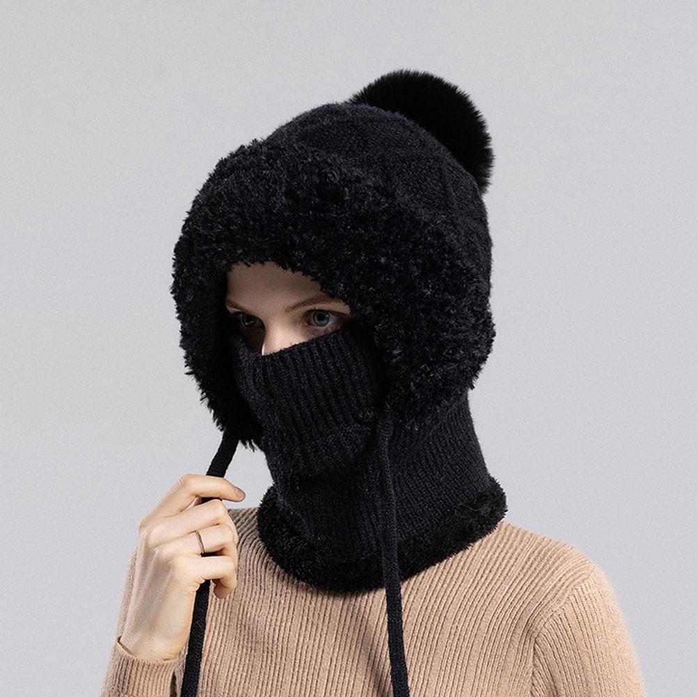 Women Winter Balaclava Hat Velvet Knitted Woolen Ear Protection Fluffy Mask Neck Integrated Warmth 5