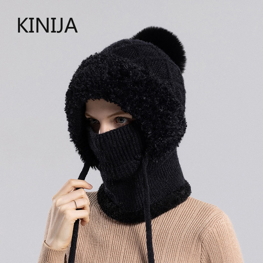 Women Winter Balaclava Hat Velvet Knitted Woolen Ear Protection Fluffy Mask Neck Integrated Warmth 3