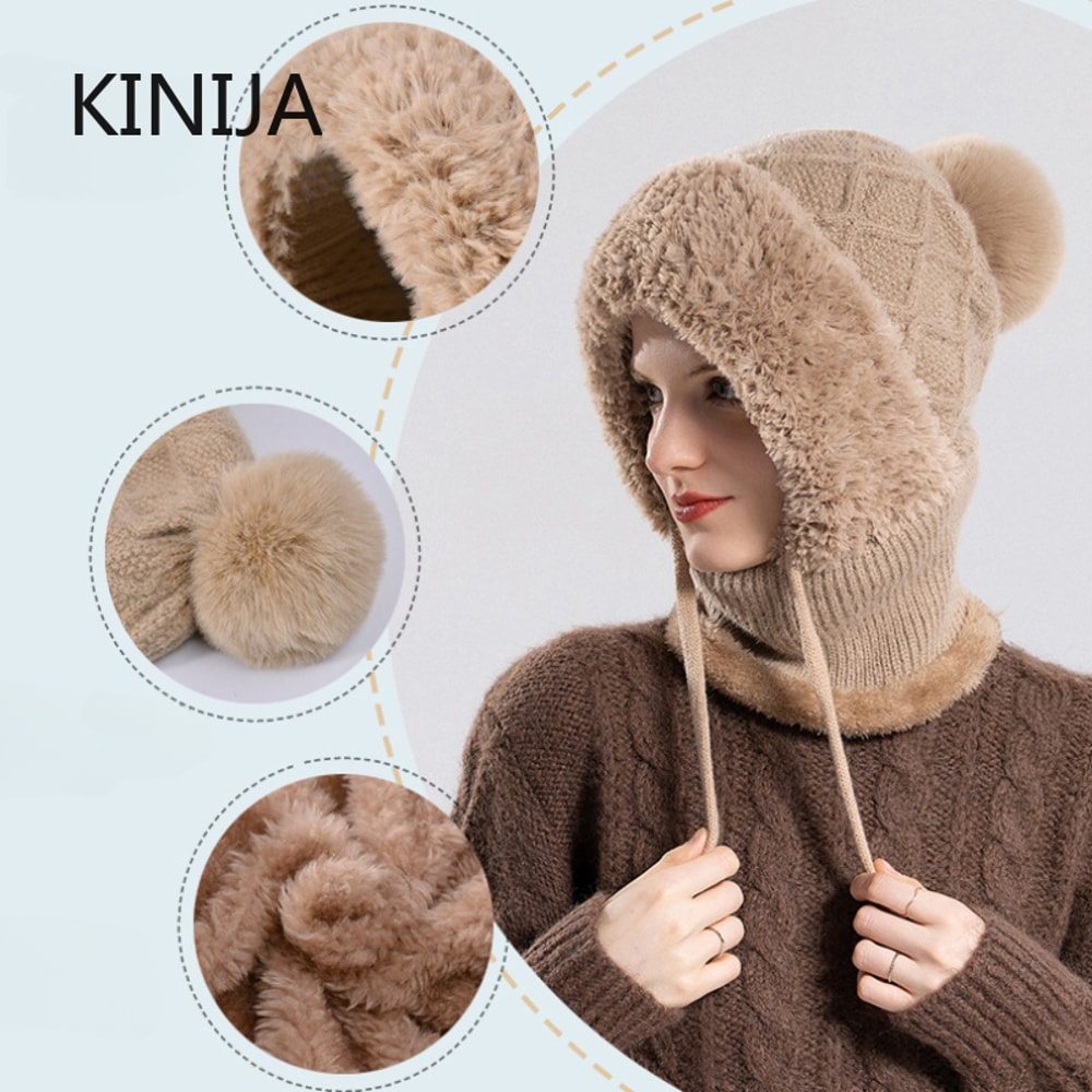 Women Winter Balaclava Hat Velvet Knitted Woolen Ear Protection Fluffy Mask Neck Integrated Warmth 1
