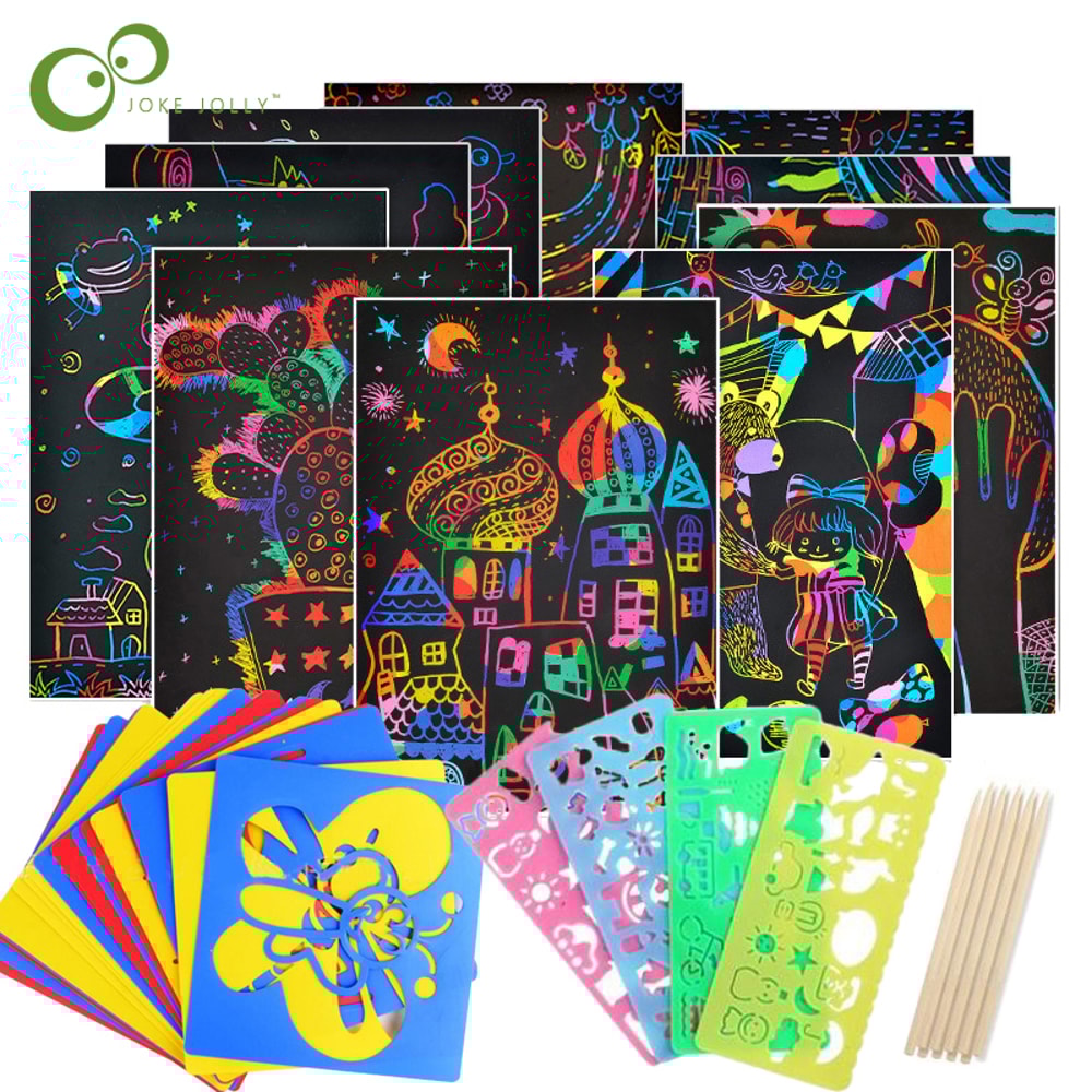 DIY Art Magic Color Rainbow Scratch Card Set With Graffiti Stencil For Kids Painting Craft 0