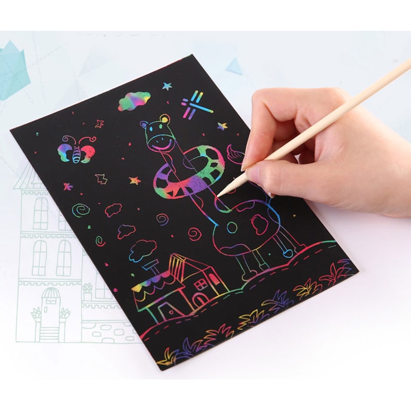 DIY Art Magic Color Rainbow Scratch Card Set With Graffiti Stencil For Kids Painting Craft 1