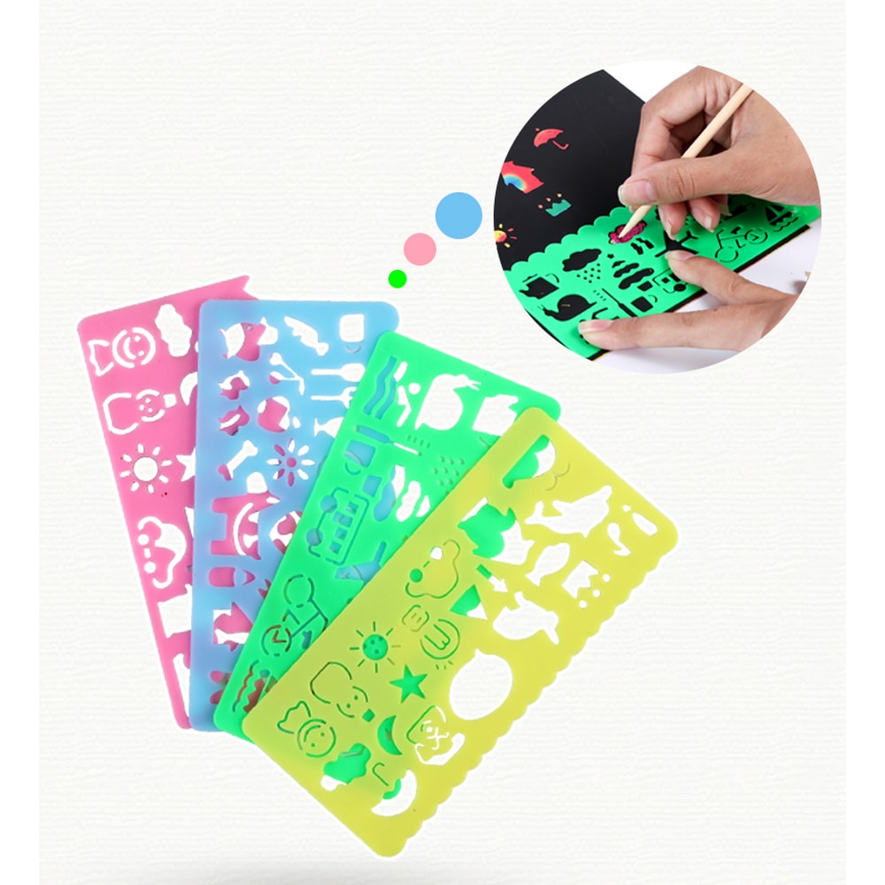 DIY Art Magic Color Rainbow Scratch Card Set With Graffiti Stencil For Kids Painting Craft 4