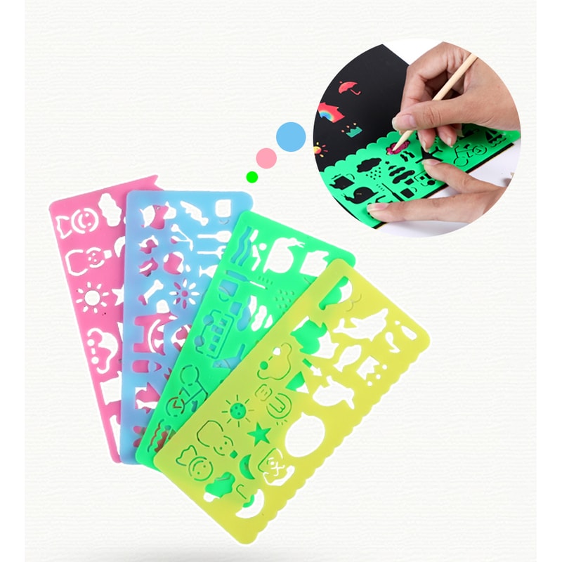 DIY Art Magic Color Rainbow Scratch Card Set With Graffiti Stencil For Kids Painting Craft 4