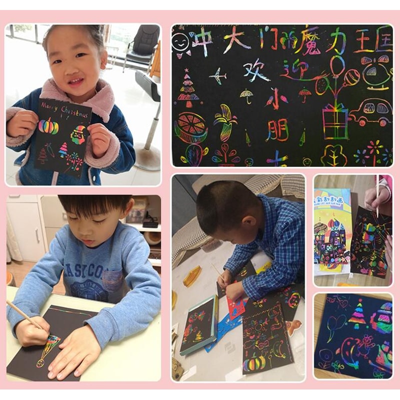 DIY Art Magic Color Rainbow Scratch Card Set With Graffiti Stencil For Kids Painting Craft 5