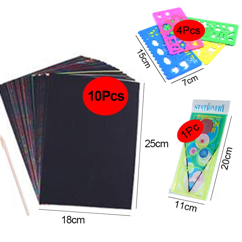DIY Art Magic Color Rainbow Scratch Card Set With Graffiti Stencil For Kids Painting Craft 6