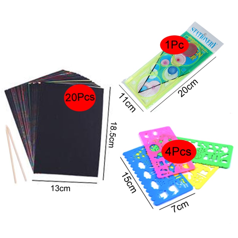 DIY Art Magic Color Rainbow Scratch Card Set With Graffiti Stencil For Kids Painting Craft 7