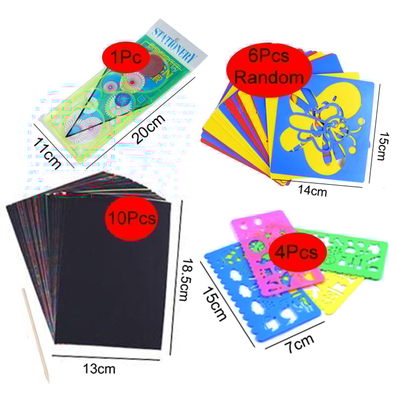 DIY Art Magic Color Rainbow Scratch Card Set With Graffiti Stencil For Kids Painting Craft 8