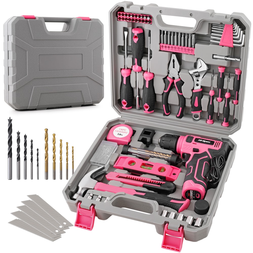 Power Tool Set Pink Home Repair Tools Kit With Lithium Drill Magnetic Precision Bits And Toolbox 0