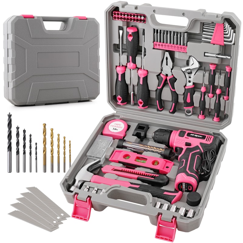 Power Tool Set Pink Home Repair Tools Kit With Lithium Drill Magnetic Precision Bits And Toolbox 0