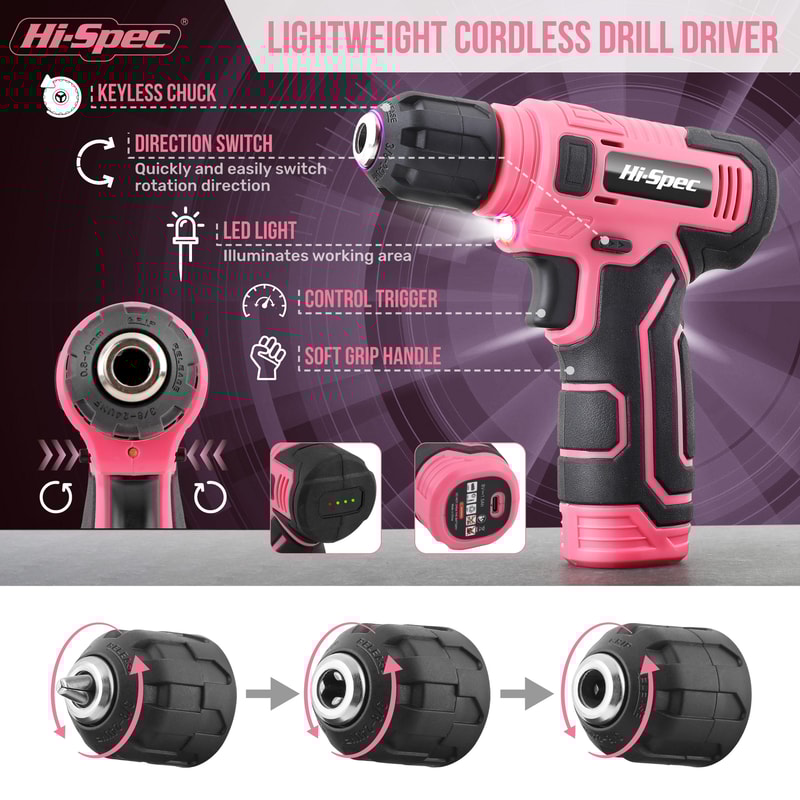 Power Tool Set Pink Home Repair Tools Kit With Lithium Drill Magnetic Precision Bits And Toolbox 1