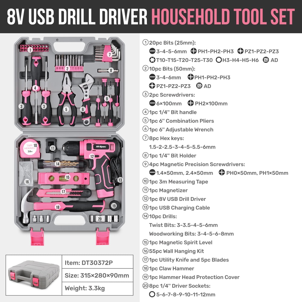 Power Tool Set Pink Home Repair Tools Kit With Lithium Drill Magnetic Precision Bits And Toolbox 10
