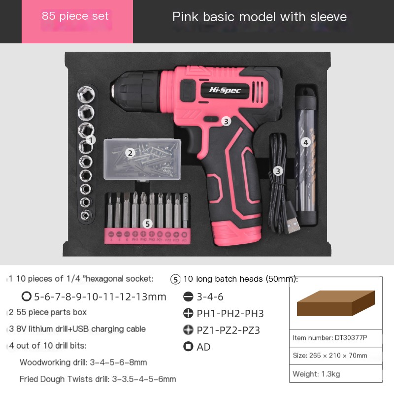 Power Tool Set Pink Home Repair Tools Kit With Lithium Drill Magnetic Precision Bits And Toolbox 7