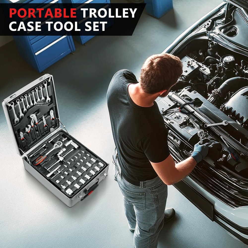 Home Repair Tool Kit with Trolley Case Mechanic Wrenches Socket Hand Tools for Household Work