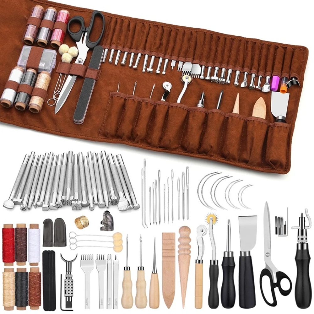 Leather Craft Sewing Tools Set with Awl Upholstery Thread Needles Thimble for DIY Repair Stitching