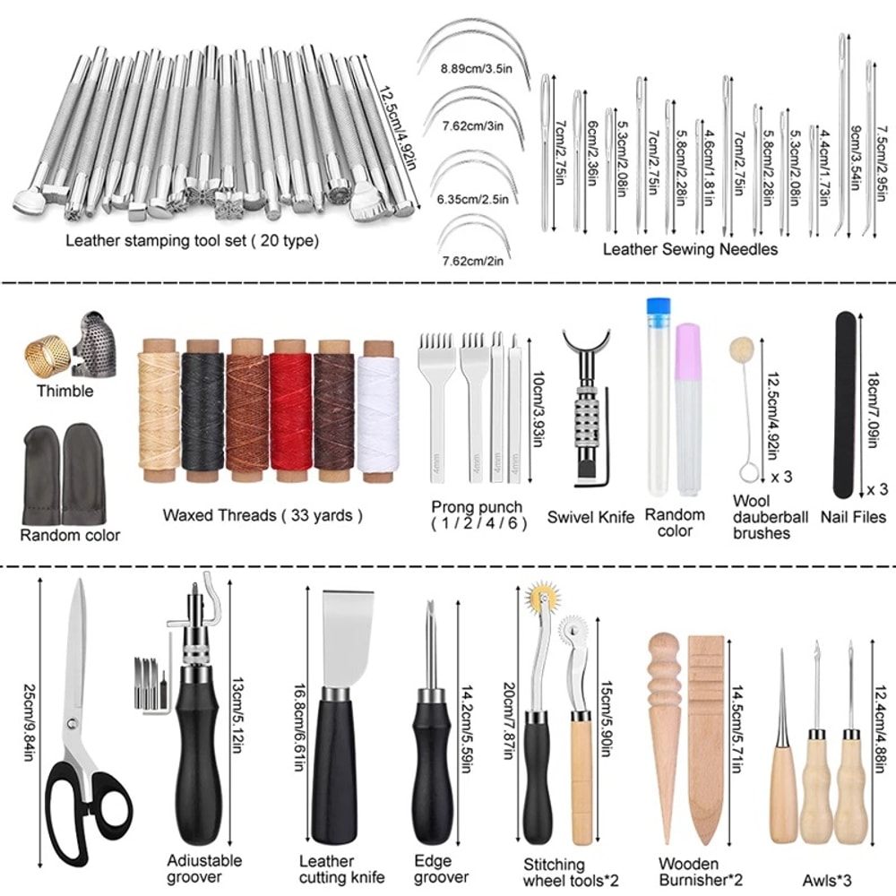 Leather Craft Sewing Tools Set with Awl Upholstery Thread Needles Thimble for DIY Repair Stitching