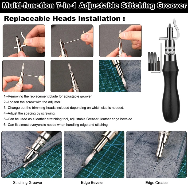 Leather Craft Sewing Tools Set with Awl Upholstery Thread Needles Thimble for DIY Repair Stitching