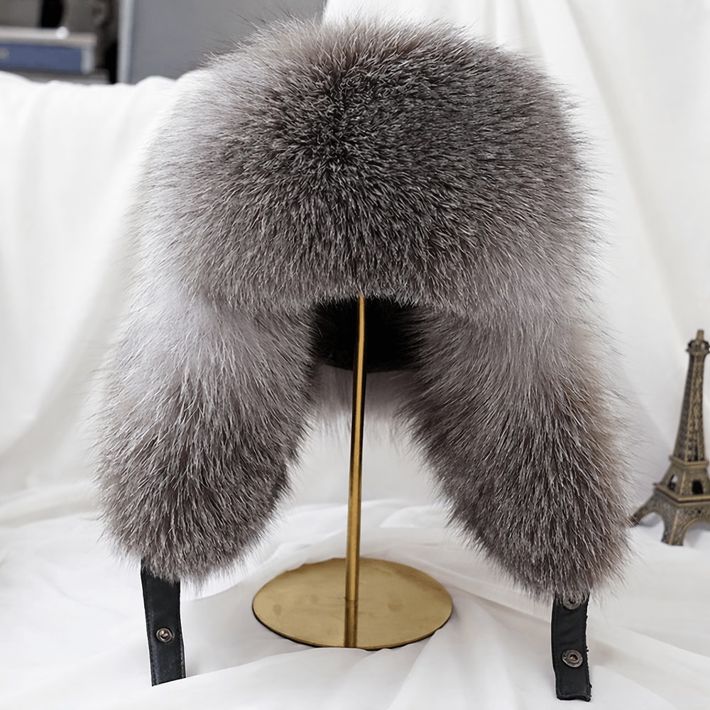 Men Real Silver Fox Fur Bomber Hat Raccoon Fur Cap Russian Trapper Ski Hats Leather Winter Hat For 0